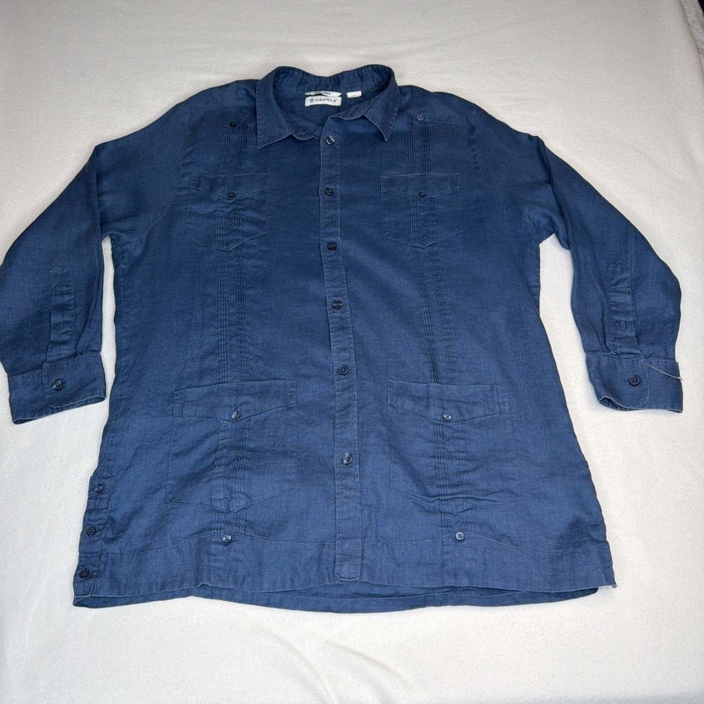 Cubavera Men's 100% Linen Guayabera Shirt Blue Long Sleeve Size L